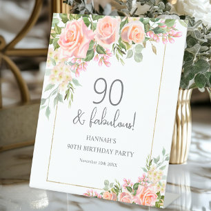 Feminine Peach Pink Rose Floral 90th Birthday Pedestal Sign