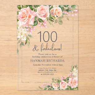 Feminine Peach Pink Roses Floral 100th Birthday Acrylic Invitations