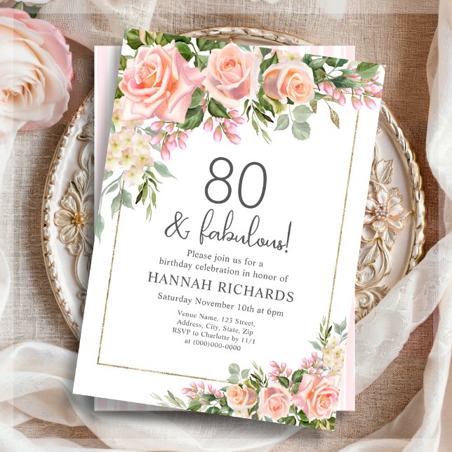Feminine Peach | Pink Roses Floral 80th Birthday  Invitation (Creator Uploaded)