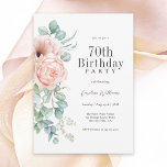 Feminine Pink and Beige Floral 70th Birthday Party Invitation<br><div class="desc">A beautifully feminine party invitation to celebrate a 70th birthday in elegant style, this charming watercolor floral design has pink and peach roses and poppies with lovely trailing eucalyptus greenery along the left border. All of the text may be personalised for your party, including the guest of honour's age. This...</div>