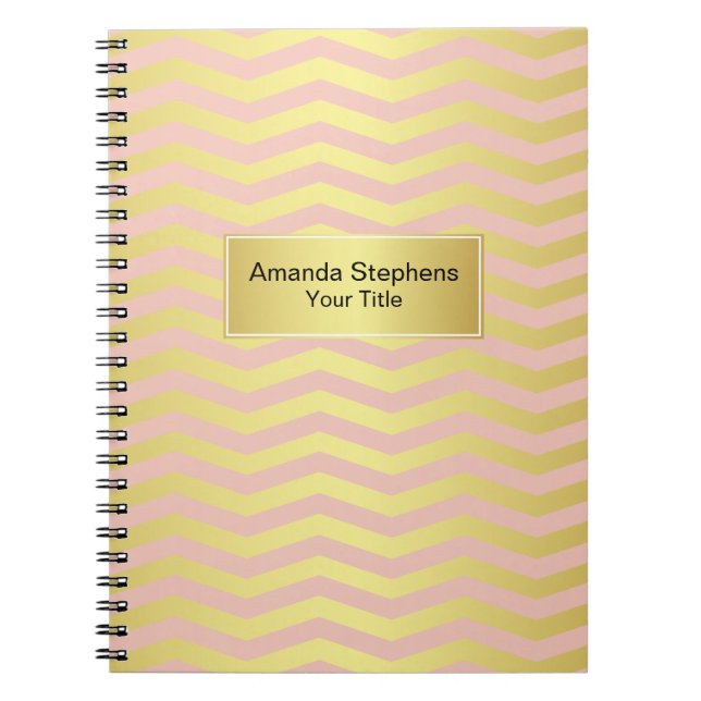Feminine Pink and Gold Chevron Stripes Pattern Spiral Notebook (Front)