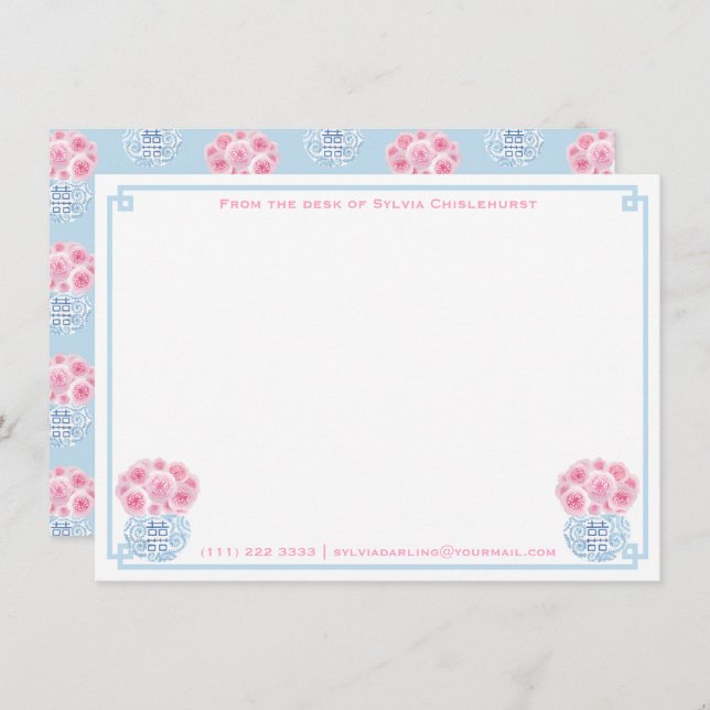 Feminine Pink Blue Double Happiness Chinoiserie Thank You Card (Front/Back)