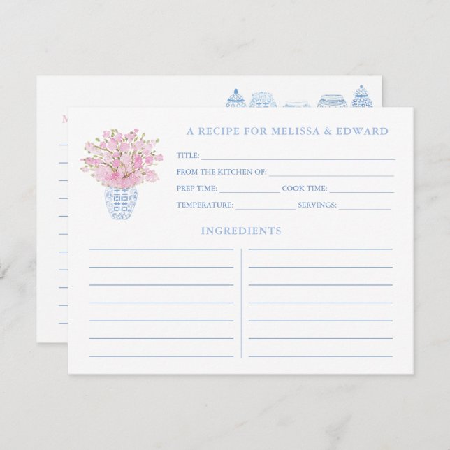 Feminine Pink Blue Ginger Jars Shower Recipe Card (Front/Back)