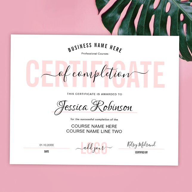 Feminine Pink Certificate Award Downloadable Poster (Modern blush pink and white certificate of completion - can be ordered printed or downloadable)