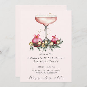 Feminine Pink Champagne New Years Eve Birthday Invitation