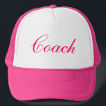 Feminine Pink Coach Hat<br><div class="desc">Feminine pink script trucker style hat for coach by Called.  Hat colour and style,  as well as font are customisable.</div>