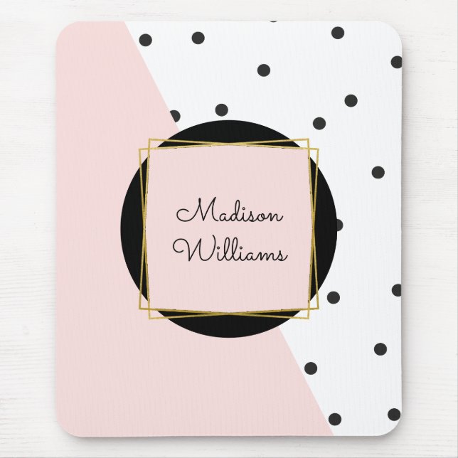 Feminine Pink Colour Block Polka Dots with Name Mouse Pad (Front)