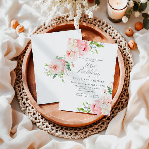 Feminine Pink Floral 100th Birthday Surprise Party Invitation