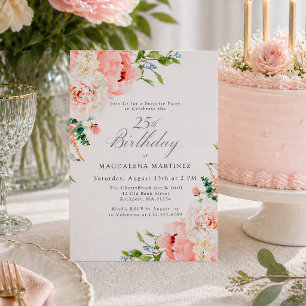 Feminine Pink Floral 25th Birthday Surprise Party Invitation