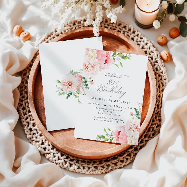 Feminine Pink Floral 80th Birthday Surprise Party Invitation (Creator Uploaded)