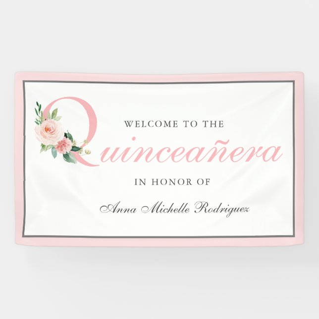 Feminine Pink Floral Quinceanera Celebration Banner (Horizontal)