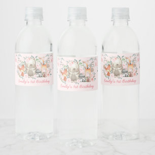 Feminine Pink Floral Woodland 1st Birthday Party Water Bottle Label
