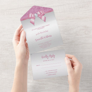 Feminine Pink Gem Bow & Glitter Birthday All In One Invitation