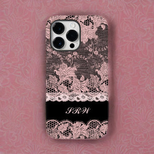 Feminine Pink Lace Edging on Black with Initials iPhone 14 Pro Max Case