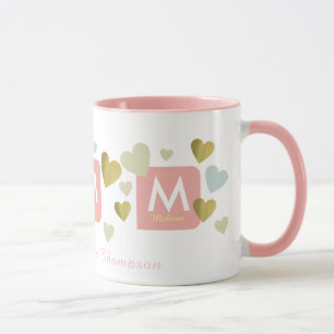 feminine pink mug for her with romantic hearts