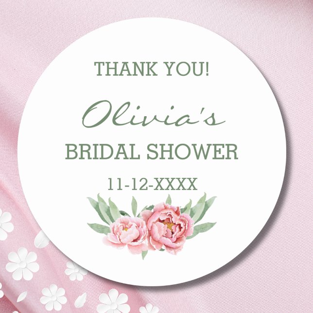 Feminine Pink Peony Bridal Shower Thank You Classic Round Sticker (Creator Uploaded)