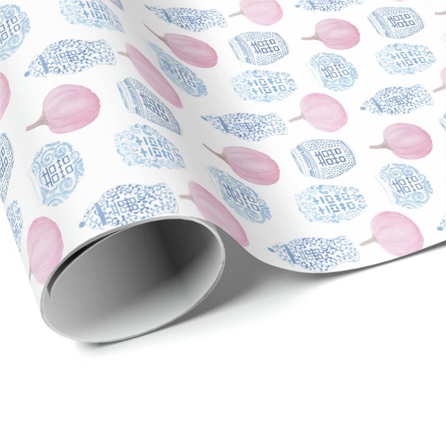 Feminine Pink Pumpkins Ginger Jars Baby Girl Wrapping Paper (Roll Corner)