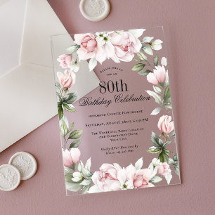 Feminine Pink Roses 80th Birthday Party Acrylic Invitations