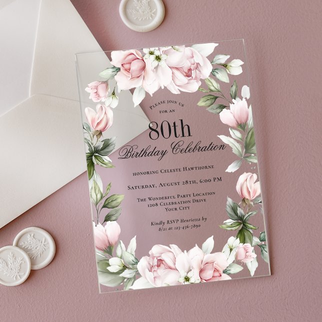Feminine Pink Roses 80th Birthday Party Acrylic Invitations (Creator Uploaded)