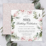 Feminine Pink Roses 80th Birthday Party Invitation<br><div class="desc">Celebrate an 80th birthday in beautiful feminine style with this unique square-shaped birthday party invitation in pink florals. Your event text is surrounded by a floral watercolor wreath of pastel pink roses and wispy greenery. All of the text can be personalised with your custom party text, including the age. You...</div>