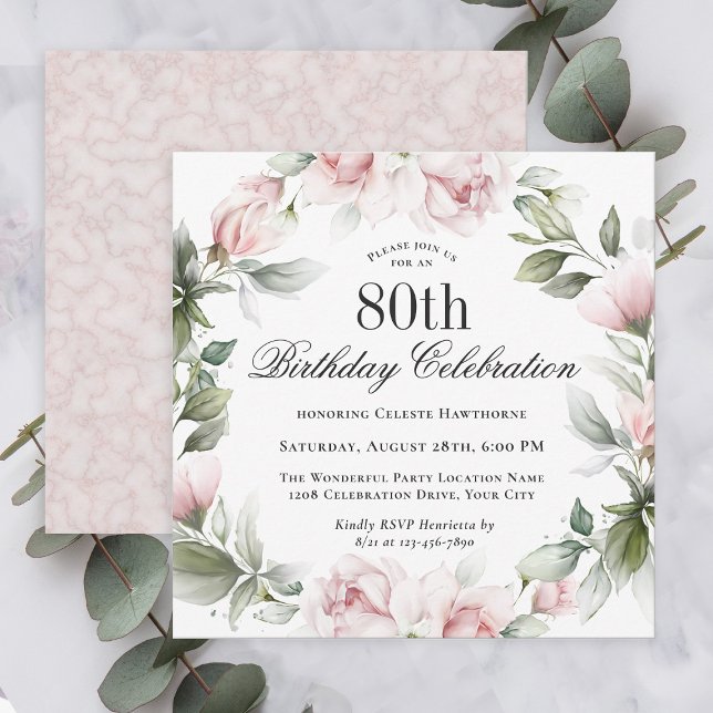 Feminine Pink Roses 80th Birthday Party Invitation (Creator Uploaded)
