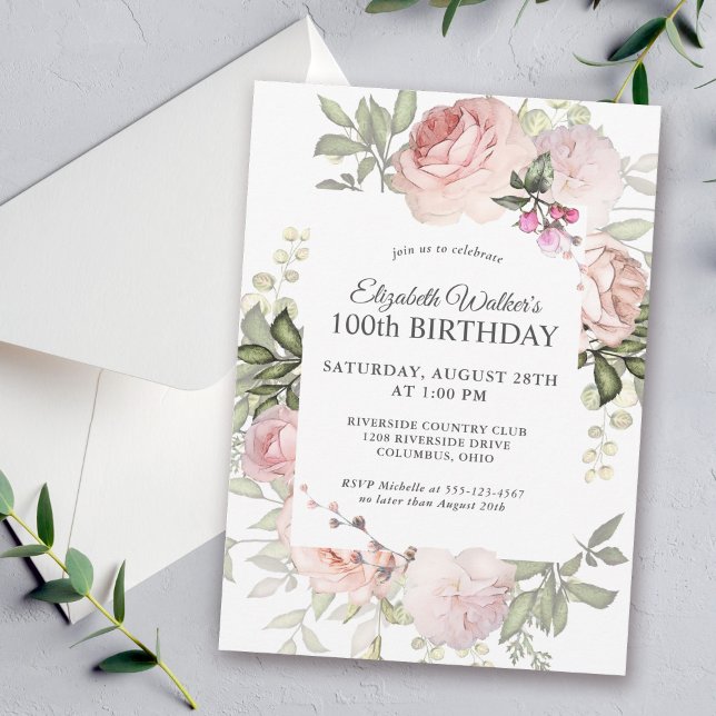 Feminine Pink Roses Floral 100th Birthday Party Invitation (Creator Uploaded)