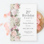 Feminine Pink Roses Floral 21st Birthday Party Invitation<br><div class="desc">A beautifully feminine party invitation to celebrate a 21st birthday in elegant style,  this irresistible floral design is bordered in charming pink roses,  mixed flowers and trailing greenery  All of the text may be personalised for your party information,  including the guest of honour's age.</div>