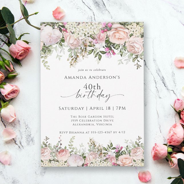 Feminine Pink Roses Floral 40th Birthday Party Invitation (Available in both printed and instant download digital formats.)