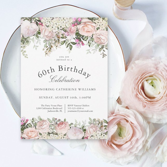 Feminine Pink Roses Floral 60th Birthday Party Invitation (Creator Uploaded)