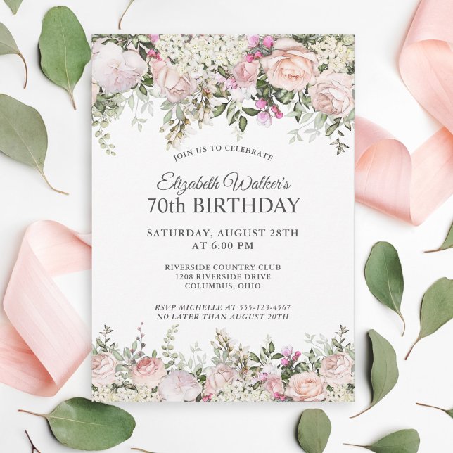 Feminine Pink Roses Floral 70th Birthday Party Invitation (Creator Uploaded)