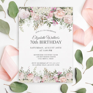 Feminine Pink Roses Floral 70th Birthday Party Invitation