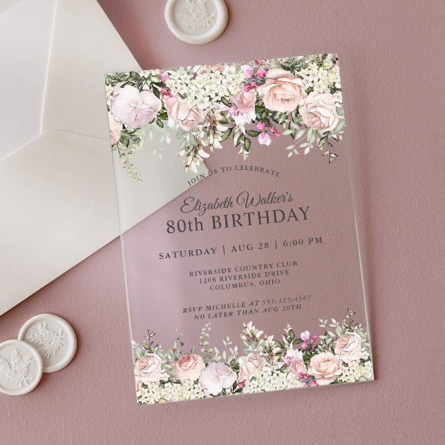 Feminine Pink Roses Floral 80th Birthday Party Acrylic Invitations (Creator Uploaded)