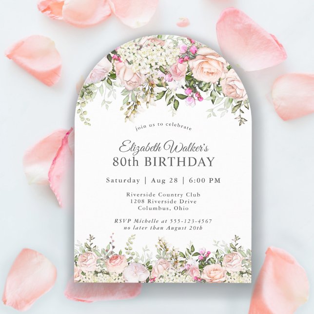 Feminine Pink Roses Floral 80th Birthday Party Invitation (Creator Uploaded)
