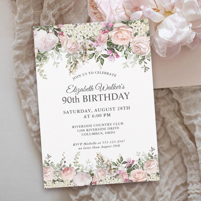 Feminine Pink Roses Floral 90th Birthday Party Invitation (Available in both printed and paperless instant download formats.)