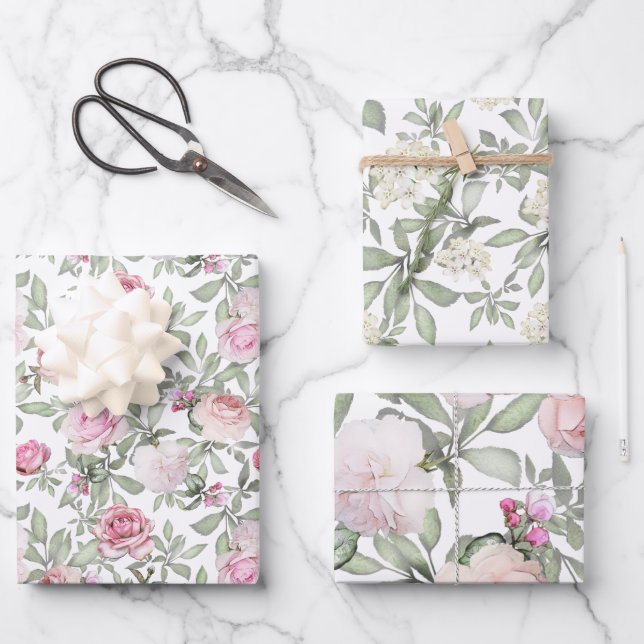Feminine Pink Roses Watercolor Floral Wrapping Paper Sheet (Front)