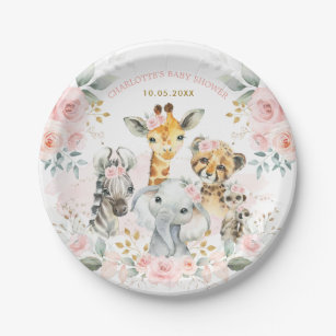 Feminine Pink Safari Jungle Wild Animals Baby Girl Paper Plate