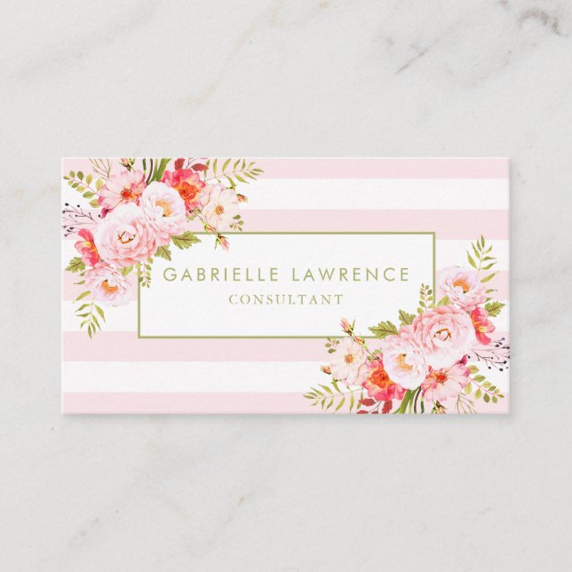 Feminine Pink Stripes and Peonies Business Card (Front)