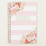 Feminine Pink Stripes and Peonies Custom Planner<br><div class="desc">Feminine and elegant planner illustrations of pink peonies,  flowers and foliage. This pink botanical planner will be perfect as a personalised gift.</div>