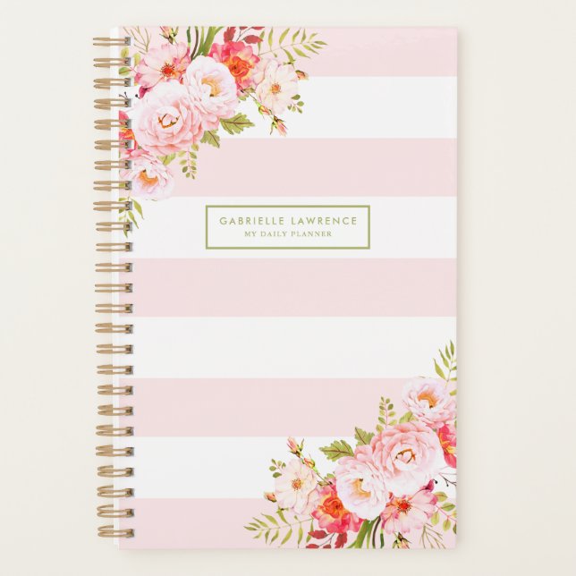 Feminine Pink Stripes and Peonies Custom Planner (Front)
