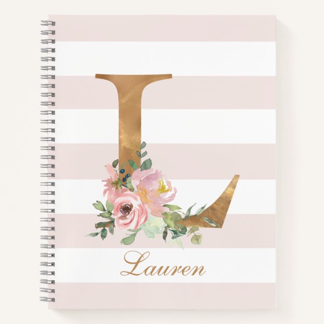 Feminine Pink Stripes Floral Gold Personalised Notebook (Front)