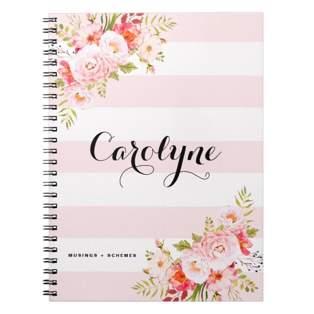 Feminine Pink Stripes Floral Personalised Notebook (Front)