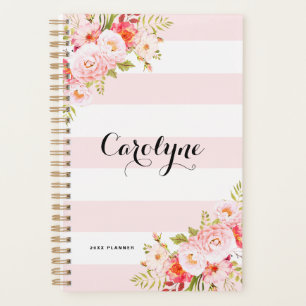 Feminine Pink Stripes Floral Personalised Planner