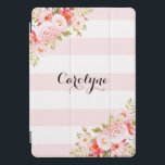 Feminine Pink Stripes Peonies Custom iPad Cover<br><div class="desc">Feminine and elegant iPad pro cover featuring illustrations of pink peonies,  flowers and foliage. This pink botanical iPad pro cover will be perfect as a personalised gift.</div>