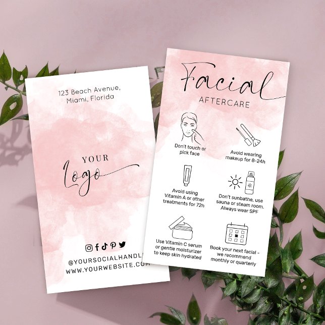 Feminine Pink Watercolor Facial After Care Business Card (Creator Uploaded)