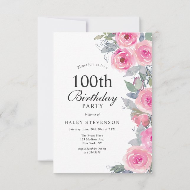 Feminine Pink Watercolor Floral 100th Birthday Invitation (Front)