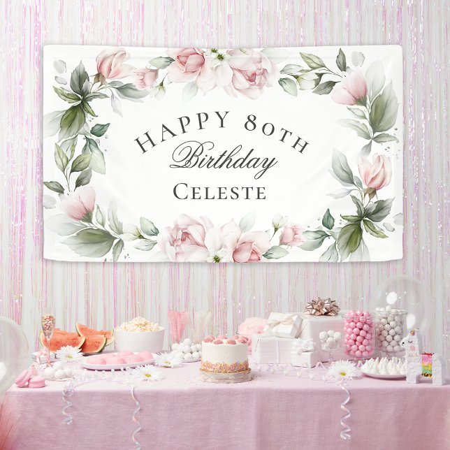 Feminine Pink Watercolor Floral 80th Birthday Banner (Creator Uploaded)