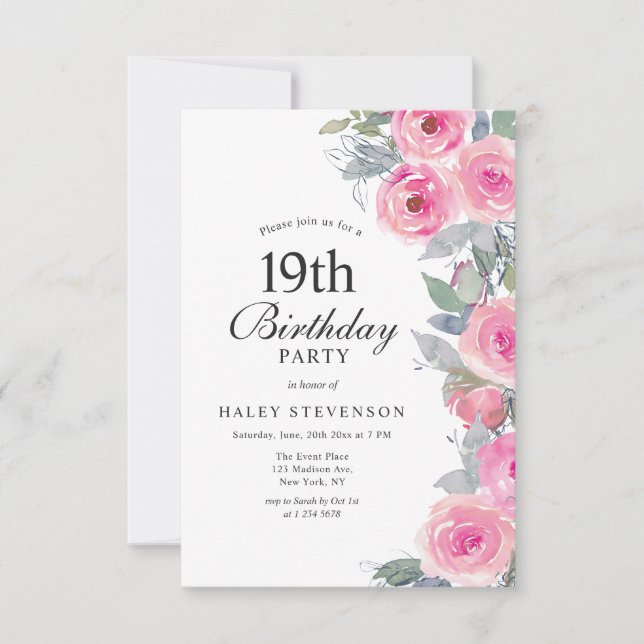 Feminine Pink Watercolor Floral Chic 19th Birthday Invitation (Front)