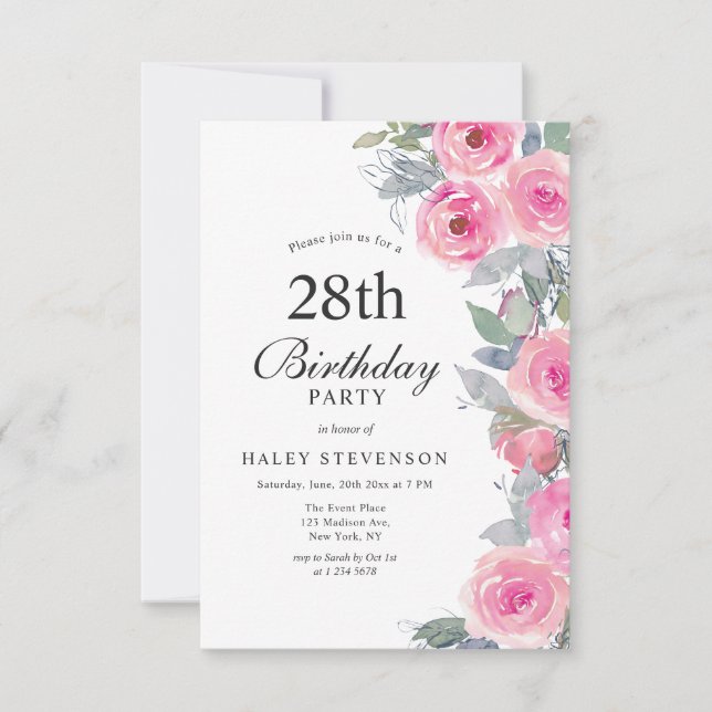 Feminine Pink Watercolor Floral Chic 28th Birthday Invitation (Front)