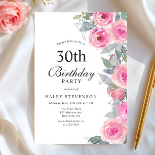 Feminine Pink Watercolor Floral Chic 30th Birthday Invitation