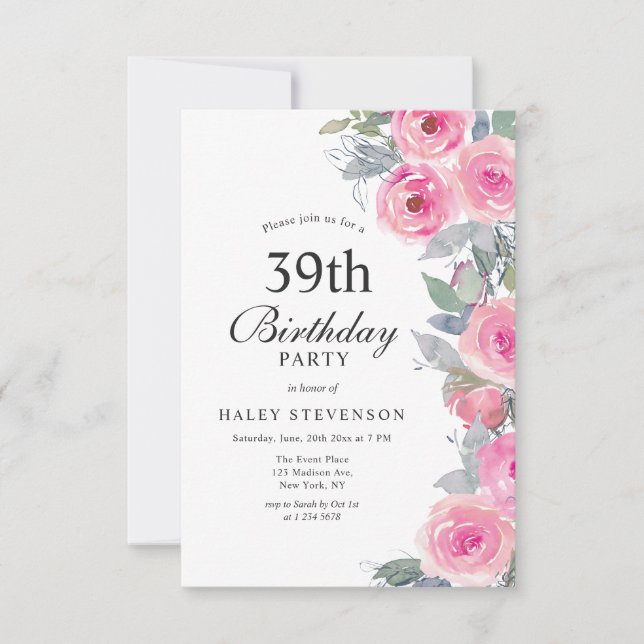 Feminine Pink Watercolor Floral Chic 39th Birthday Invitation (Front)